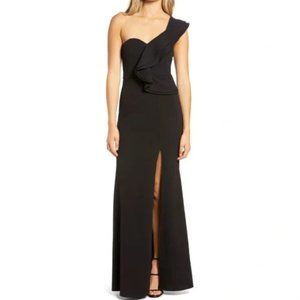 Lulus “Kiss Me Again” One-Shoulder Ruffle Gown black small